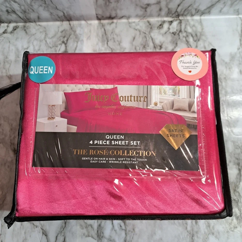 Juicy Couture Queen 4 Piece Sheet Set Fuchsia Wrinkle Resistant‎ Satin Sheets